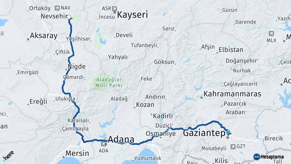 Gaziantep Nevşehir Arası Kaç Km - Yol Haritası