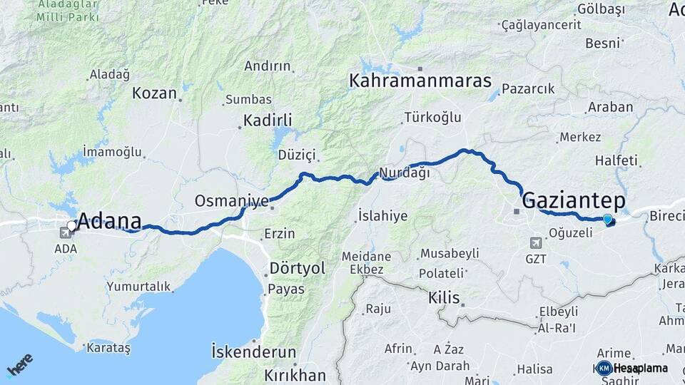 Gaziantep Nizip Adana Arası Kaç Km - Yol Haritası