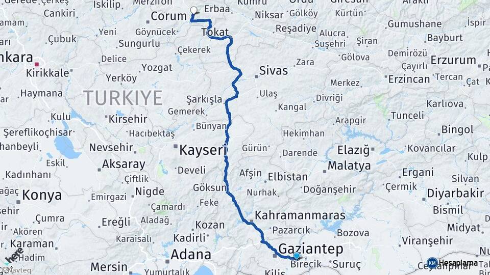 Gaziantep Nizip Amasya Arası Kaç Km - Yol Haritası