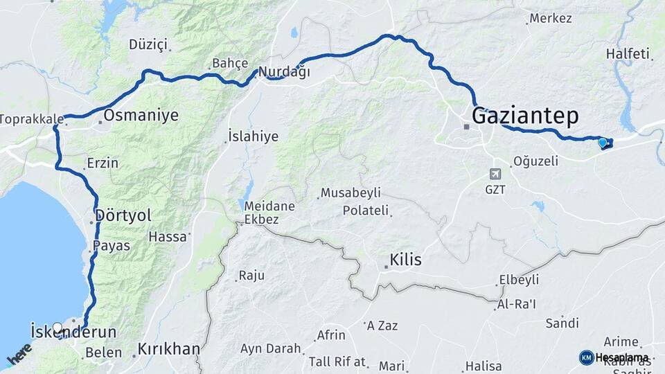 Gaziantep Nizip Arsuz Hatay Arası Kaç Km - Yol Haritası