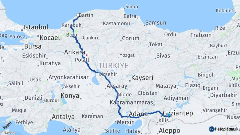 Gaziantep Nizip Bartın Arası Kaç Km - Yol Haritası