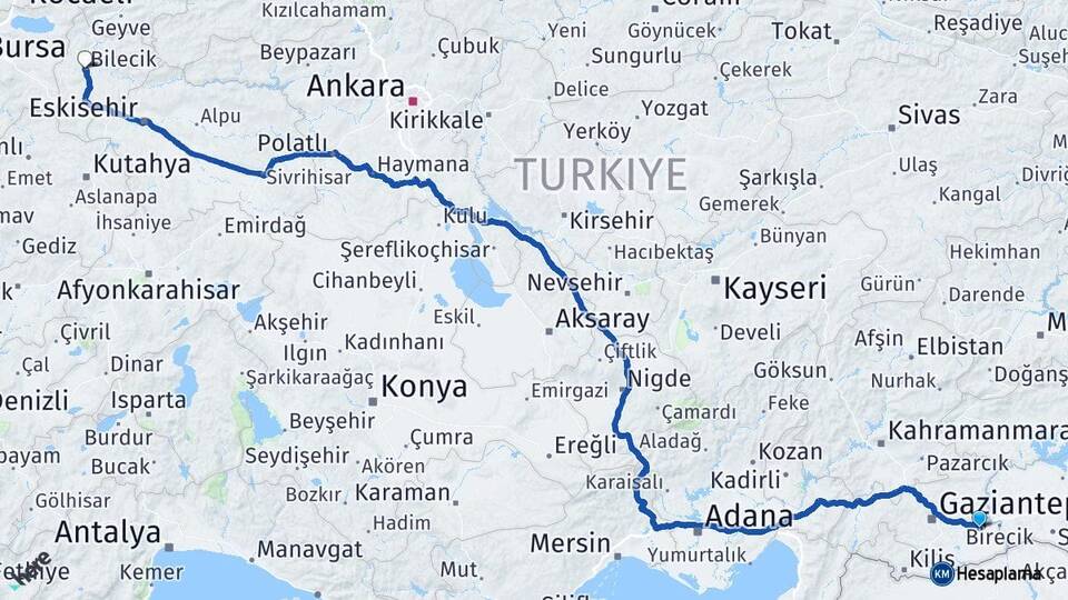Gaziantep Nizip Bilecik Arası Kaç Km - Yol Haritası