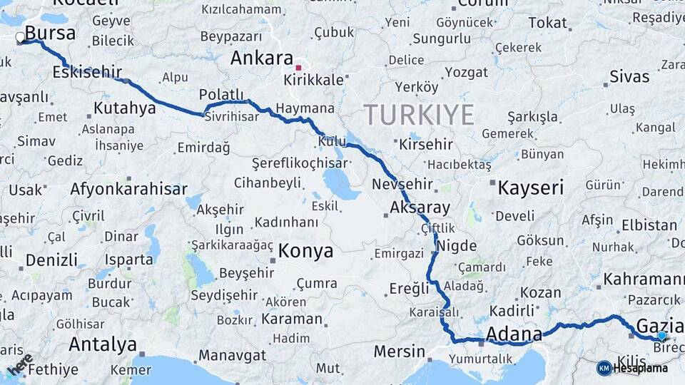Gaziantep Nizip Bursa Arası Kaç Km - Yol Haritası