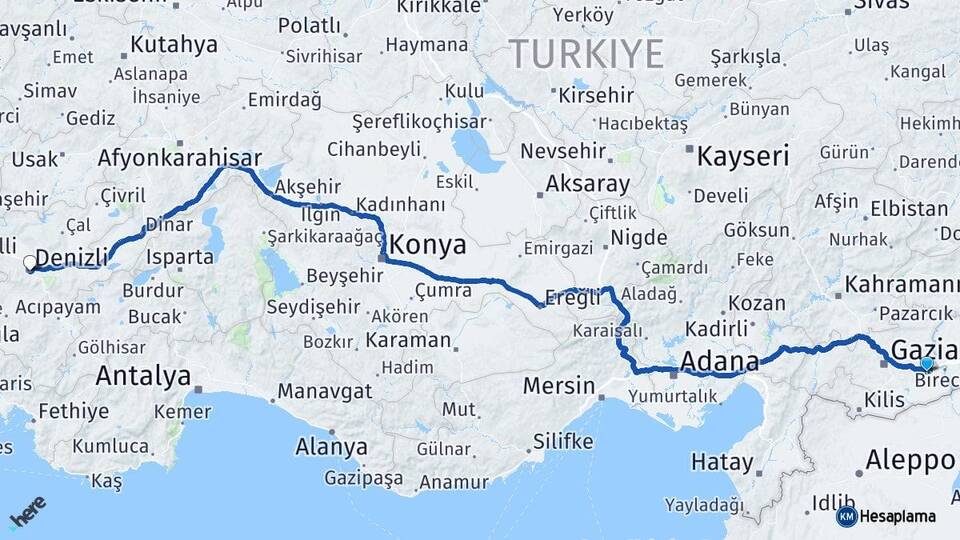 Gaziantep Nizip Denizli Arası Kaç Km - Yol Haritası