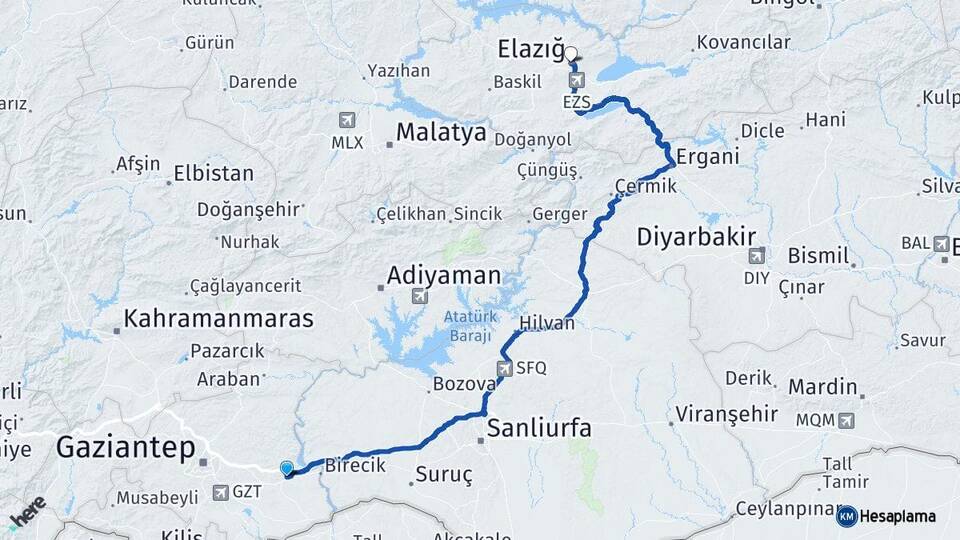 Gaziantep Nizip Elazığ Arası Kaç Km - Yol Haritası