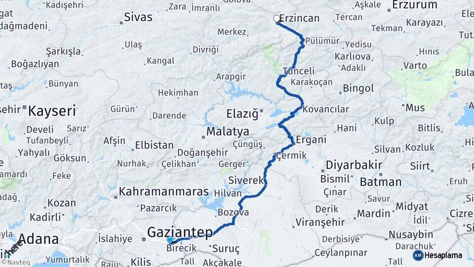 Gaziantep Nizip Erzincan Arası Kaç Km - Yol Haritası