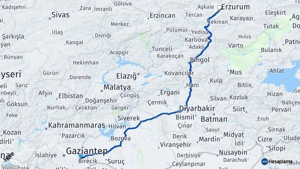 Gaziantep Nizip Erzurum Arası Kaç Km - Yol Haritası