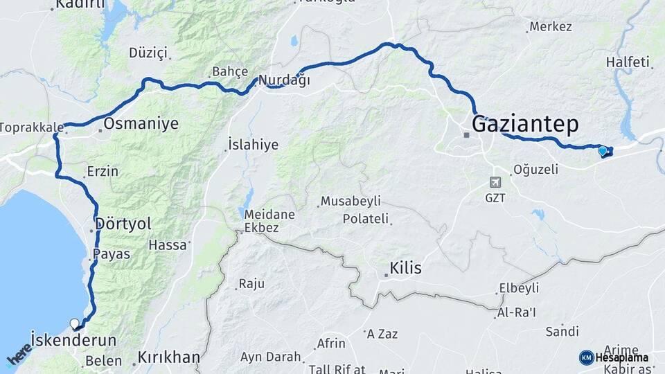 Gaziantep Nizip İskenderun Hatay Arası Kaç Km - Yol Haritası