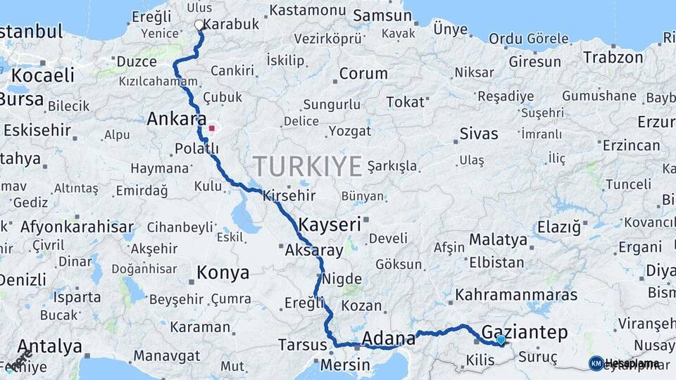 Gaziantep Nizip Karabük Arası Kaç Km - Yol Haritası