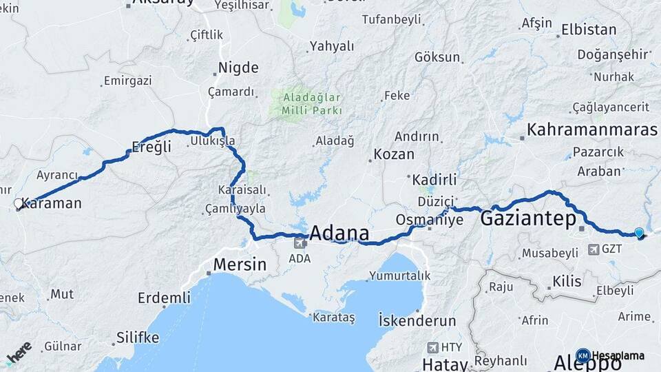 Gaziantep Nizip Karaman Arası Kaç Km - Yol Haritası