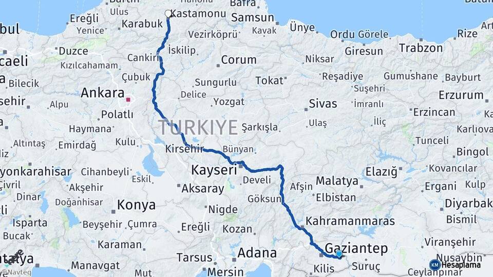 Gaziantep Nizip Kastamonu Arası Kaç Km - Yol Haritası