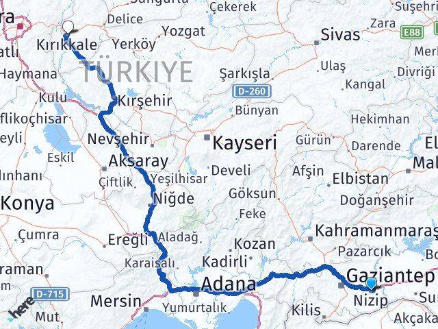 Gaziantep Nizip Kırıkkale Arası Kaç Km - Yol Haritası