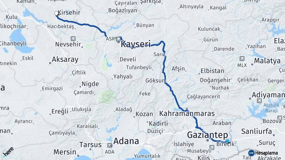 Gaziantep Nizip Kırşehir Arası Kaç Km - Yol Haritası