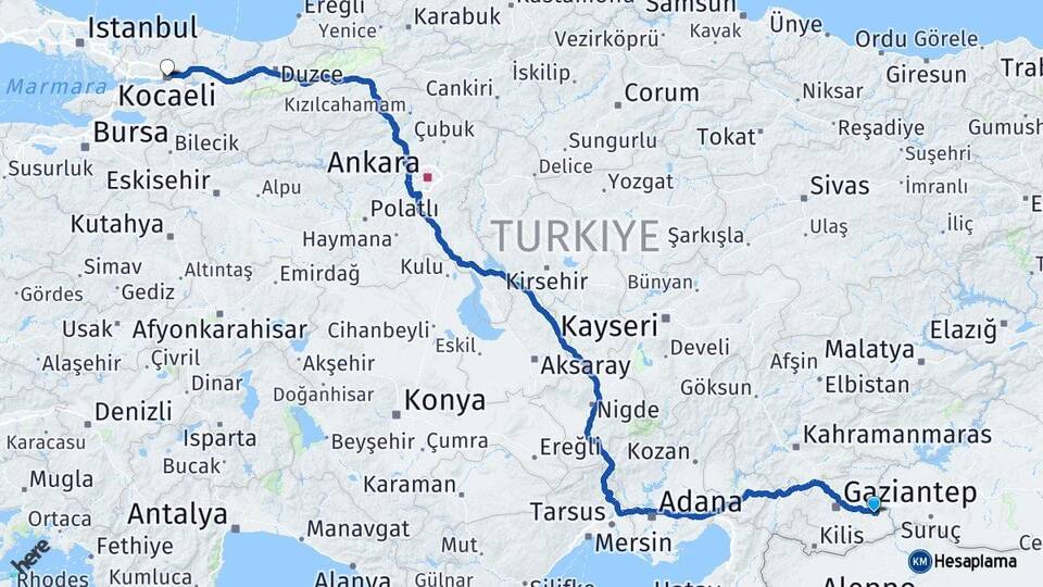 Gaziantep Nizip Kocaeli Arası Kaç Km - Yol Haritası