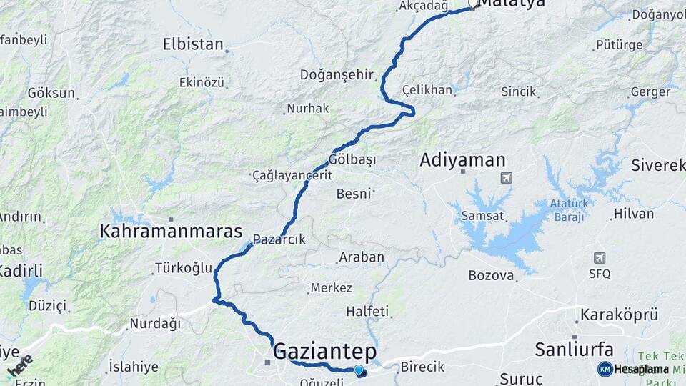 Gaziantep Nizip Malatya Arası Kaç Km - Yol Haritası