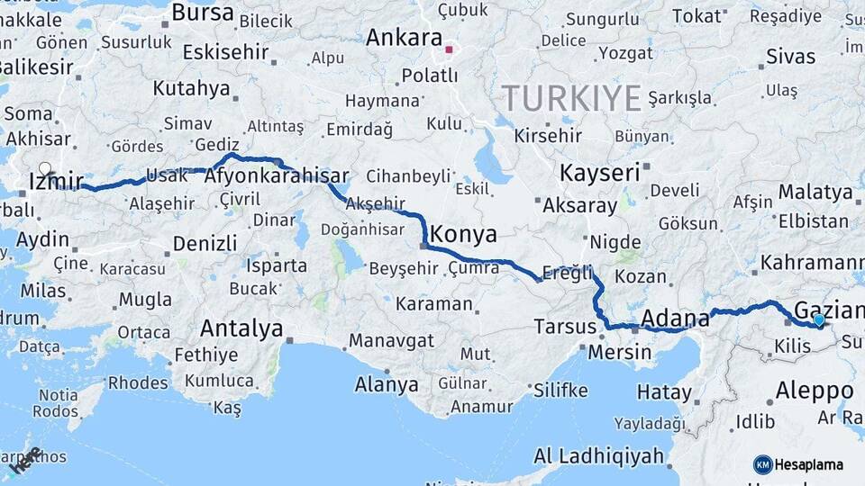 Gaziantep Nizip Manisa Arası Kaç Km - Yol Haritası