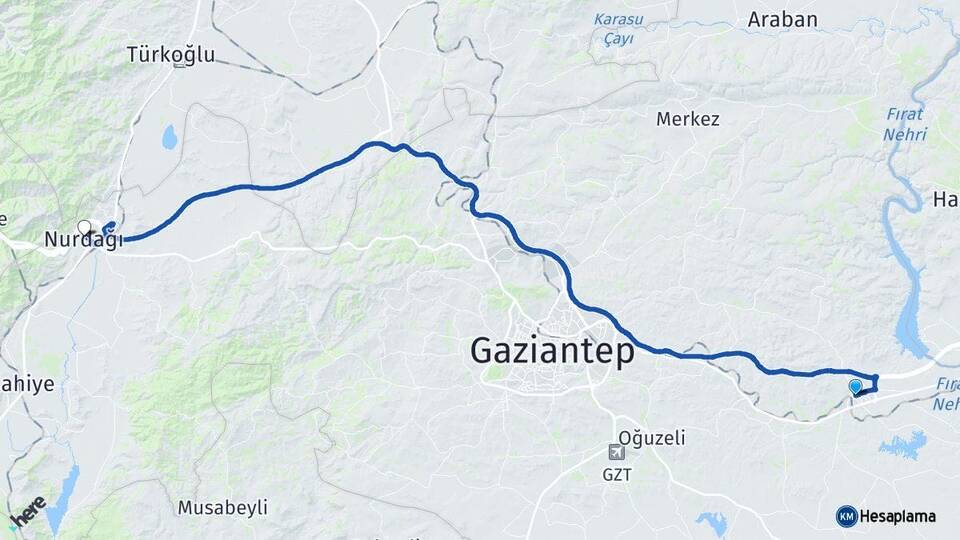 Gaziantep Nizip Nurdağı Arası Kaç Km - Yol Haritası