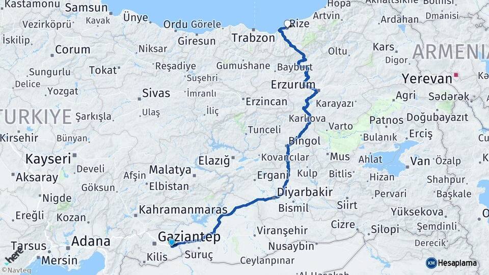 Gaziantep Nizip Rize Arası Kaç Km - Yol Haritası