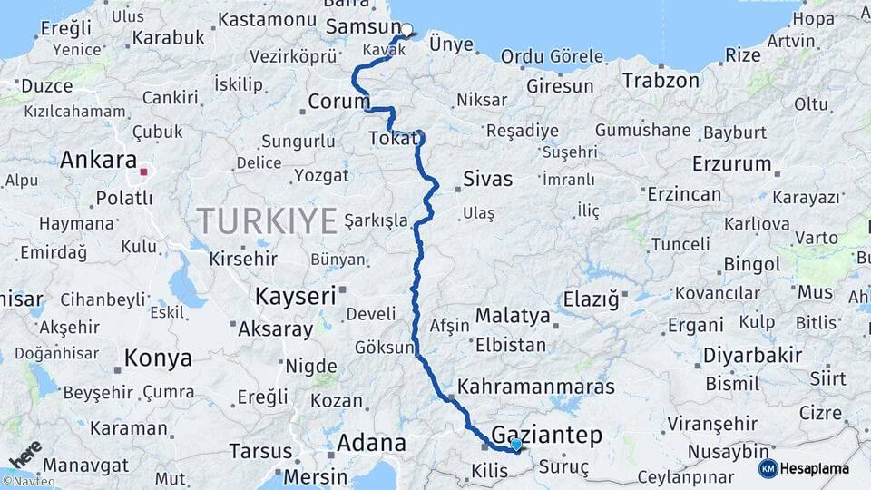 Gaziantep Nizip Samsun Arası Kaç Km - Yol Haritası