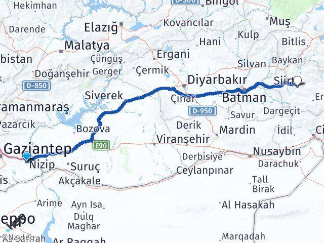 Gaziantep Nizip Siirt Arası Kaç Km - Yol Haritası