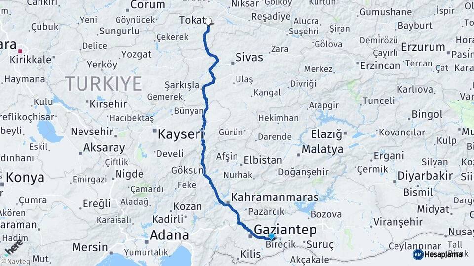 Gaziantep Nizip Tokat Arası Kaç Km - Yol Haritası