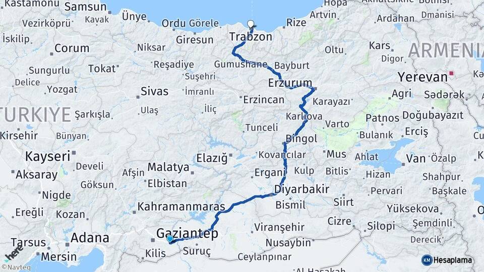 Gaziantep Nizip Trabzon Arası Kaç Km - Yol Haritası
