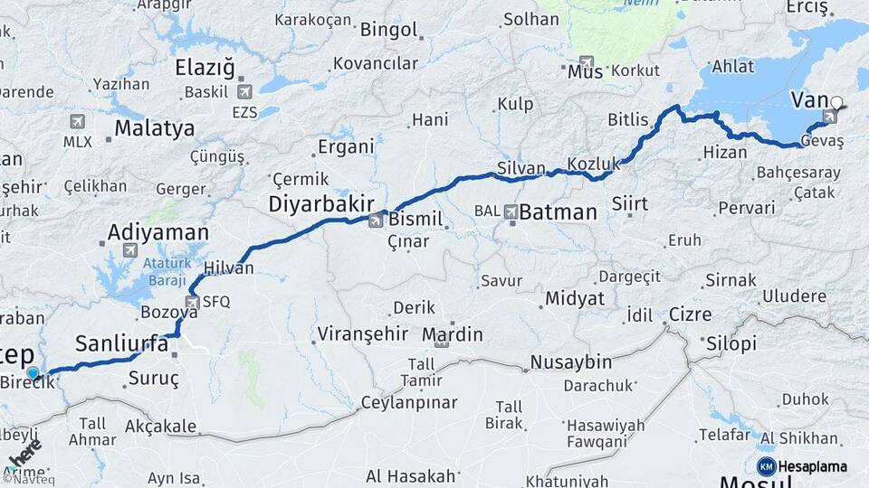 Gaziantep Nizip Van Arası Kaç Km - Yol Haritası