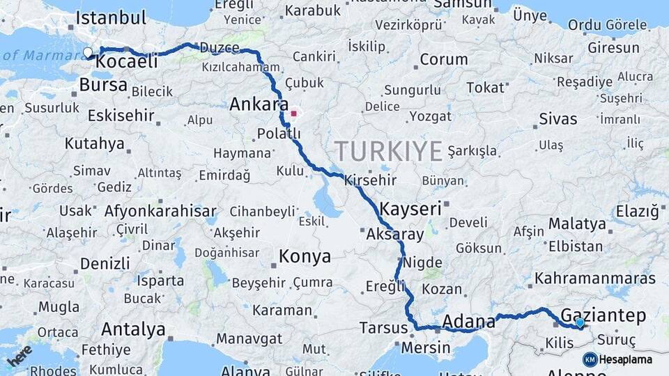 Gaziantep Nizip Yalova Arası Kaç Km - Yol Haritası