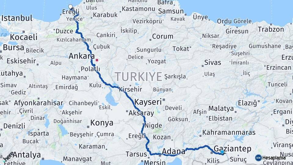 Gaziantep Nizip Zonguldak Arası Kaç Km - Yol Haritası