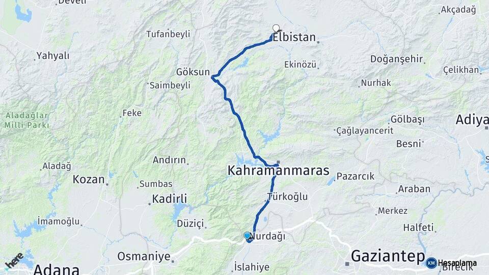 Gaziantep Nurdağı Afşin Kahramanmaraş Arası Kaç Km - Yol Haritası