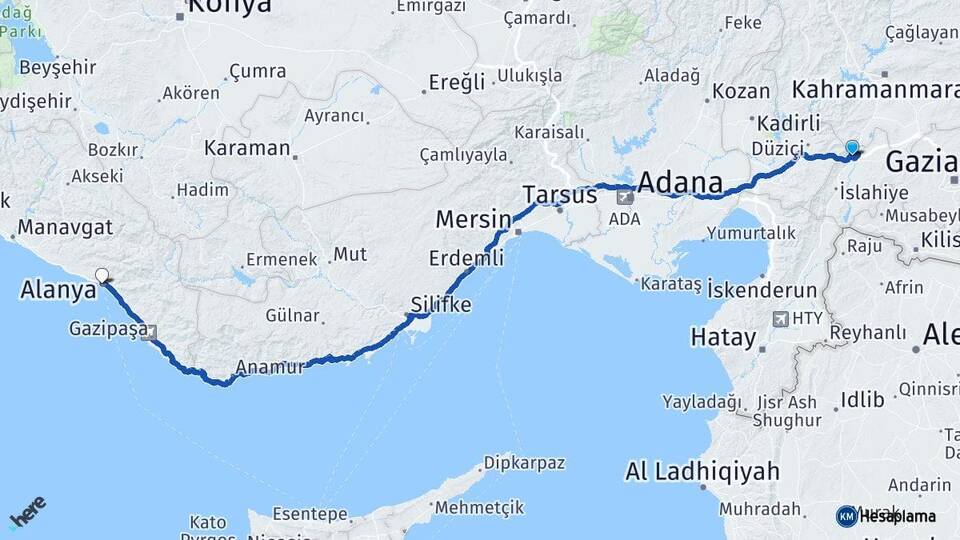 Gaziantep Nurdağı Alanya Antalya Arası Kaç Km - Yol Haritası