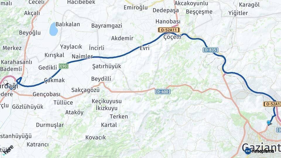 Gaziantep Nurdağı Arası Kaç Km - Yol Haritası