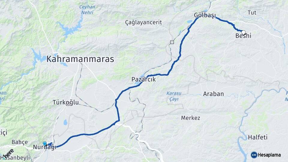 Gaziantep Nurdağı Besni Adıyaman Arası Kaç Km - Yol Haritası