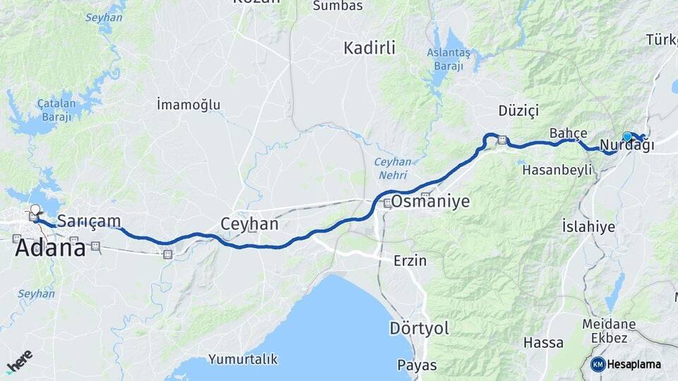 Gaziantep Nurdağı Çukurova Adana Arası Kaç Km - Yol Haritası