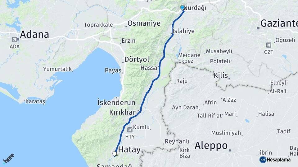 Gaziantep Nurdağı Defne Hatay Arası Kaç Km - Yol Haritası