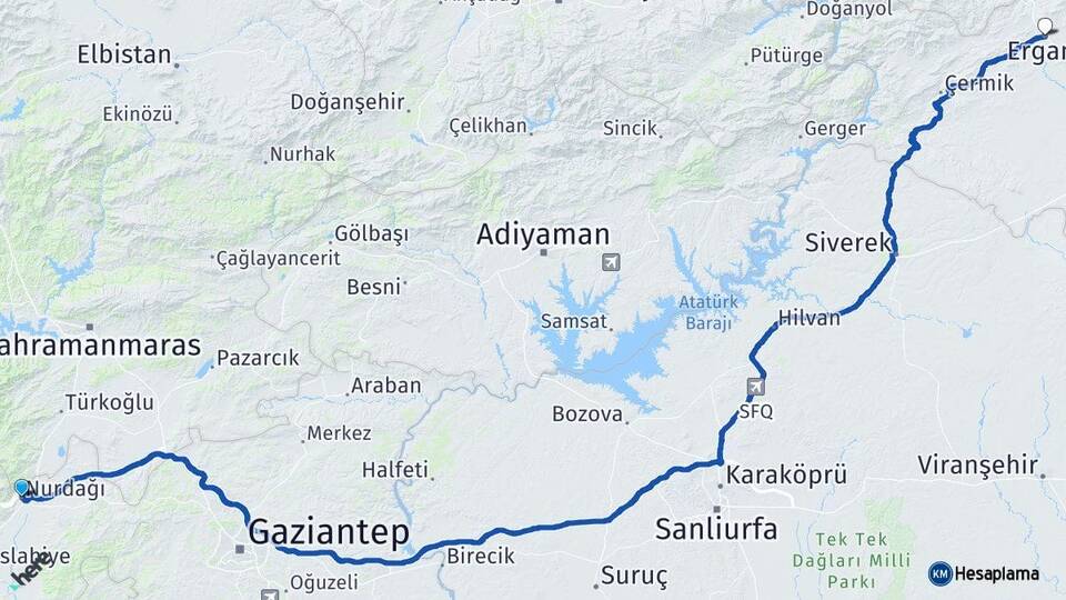 Gaziantep Nurdağı Ergani Diyarbakır Arası Kaç Km - Yol Haritası