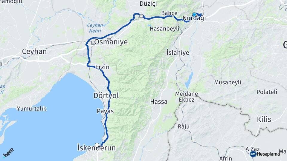 Gaziantep Nurdağı İskenderun Hatay Arası Kaç Km - Yol Haritası