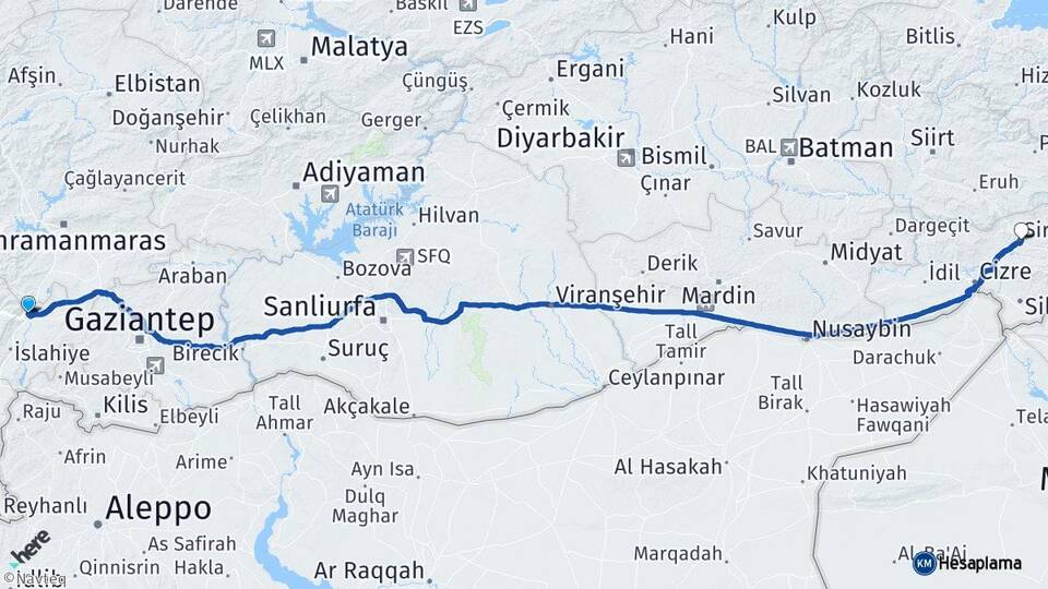 Gaziantep Nurdağı Şırnak Arası Kaç Km - Yol Haritası