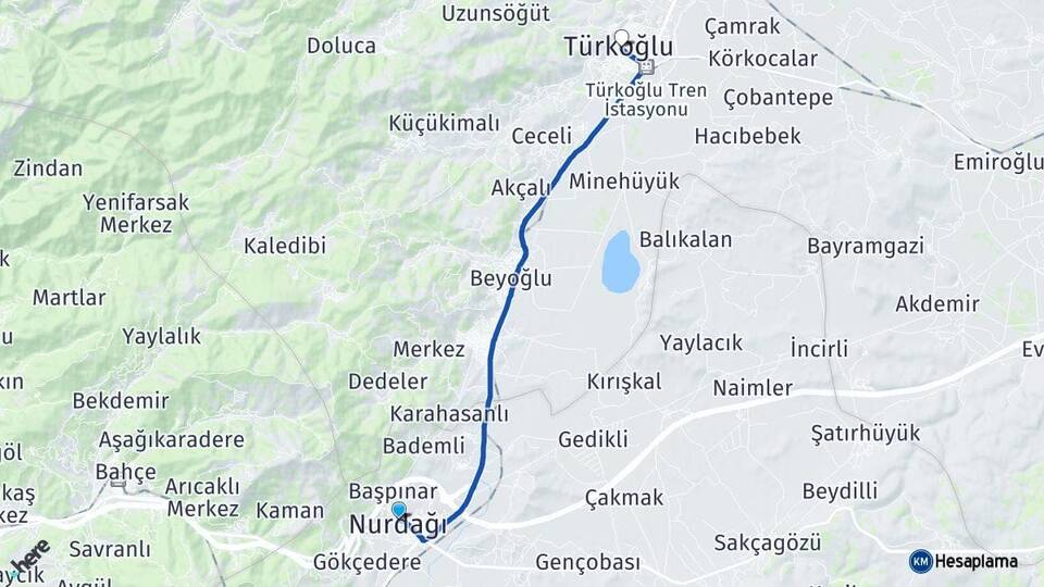 Gaziantep Nurdağı Türkoğlu Kahramanmaraş Arası Kaç Km - Yol Haritası