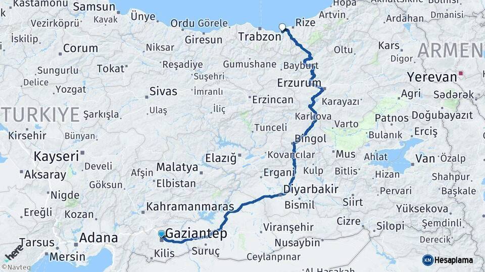 Gaziantep Of Trabzon Arası Kaç Km - Yol Haritası