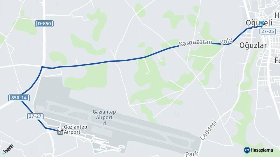 Gaziantep Oğuzeli Gaziantep Havalimanı Arası Kaç Km - Yol Haritası