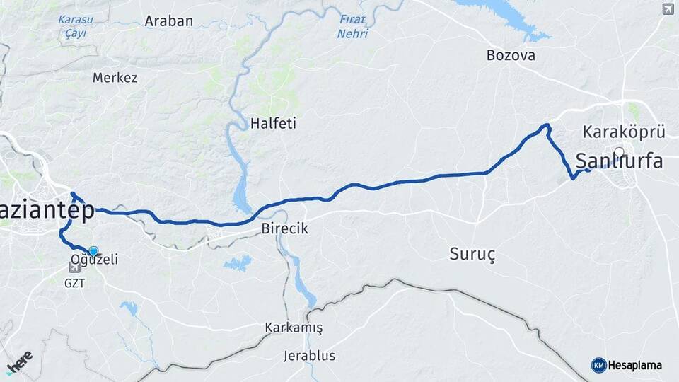Gaziantep Oğuzeli Şanlıurfa Arası Kaç Km - Yol Haritası