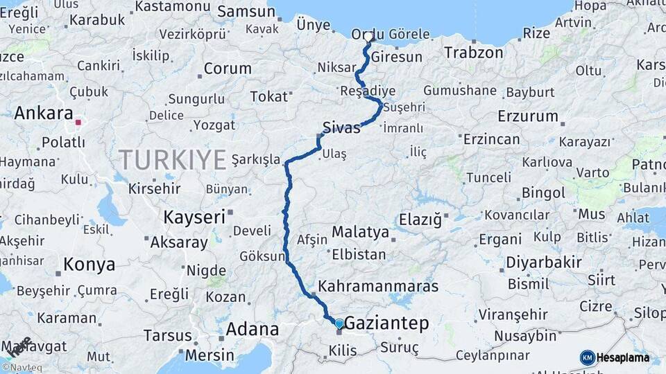 Gaziantep Ordu Arası Kaç Km - Yol Haritası