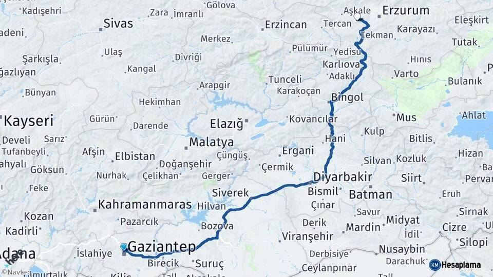 Gaziantep Palandöken Erzurum Arası Kaç Km - Yol Haritası