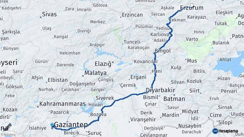 Gaziantep Pasinler Erzurum Arası Kaç Km - Yol Haritası