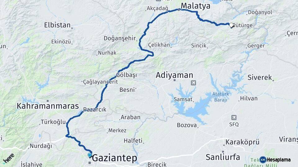 Gaziantep Pütürge Malatya Arası Kaç Km - Yol Haritası