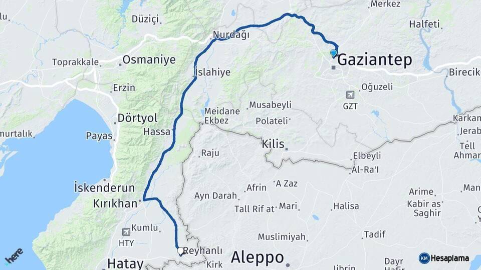 Gaziantep Reyhanlı Hatay Arası Kaç Km - Yol Haritası
