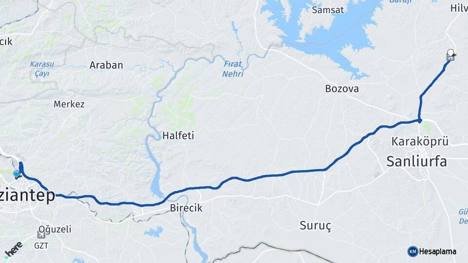 Gaziantep Ş.Urfa GAP Havalimanı Arası Kaç Km - Yol Haritası