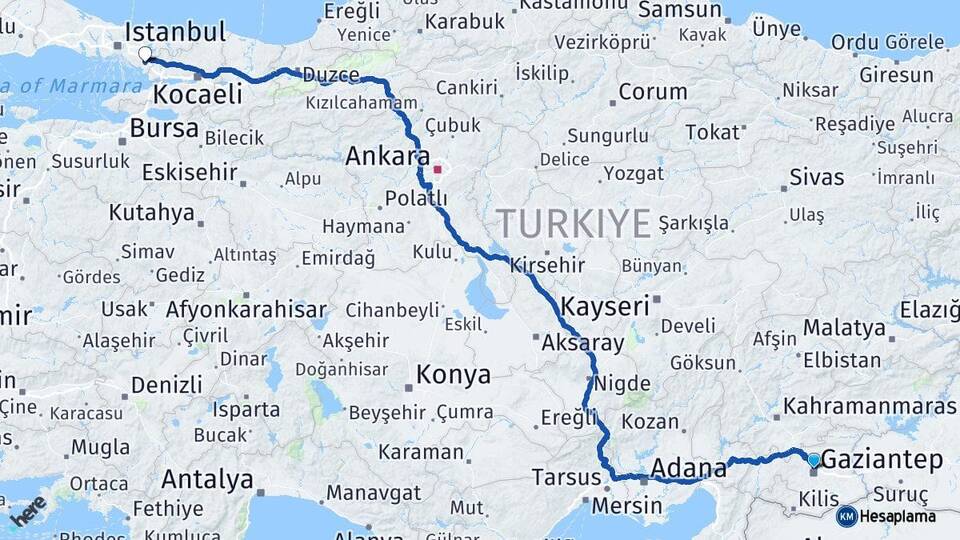 Gaziantep Sabiha Gökçen Havalimanı Arası Kaç Km - Yol Haritası