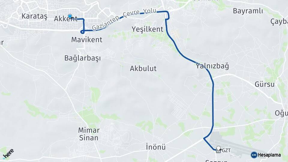 Akkent Gaziantep Havalimanı Arası Kaç Km - Yol Tarifi